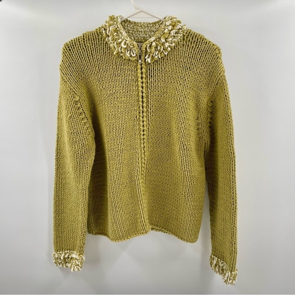 Fio USA Lime White Open Work Knit Loop Trim Neck Cuff Zip Unique Sweater Jacket - Picture 1 of 14